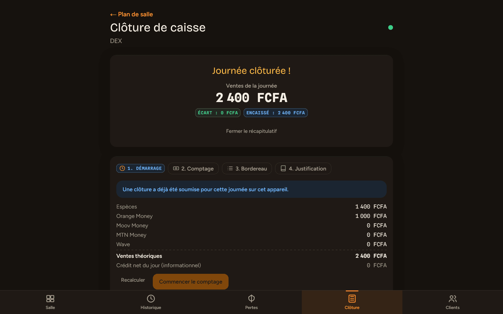 Récapitulatif de clôture de caisse : ventes de la journée par moyen de paiement, écart de 0 FCFA, parcours guidé en 4 étapes